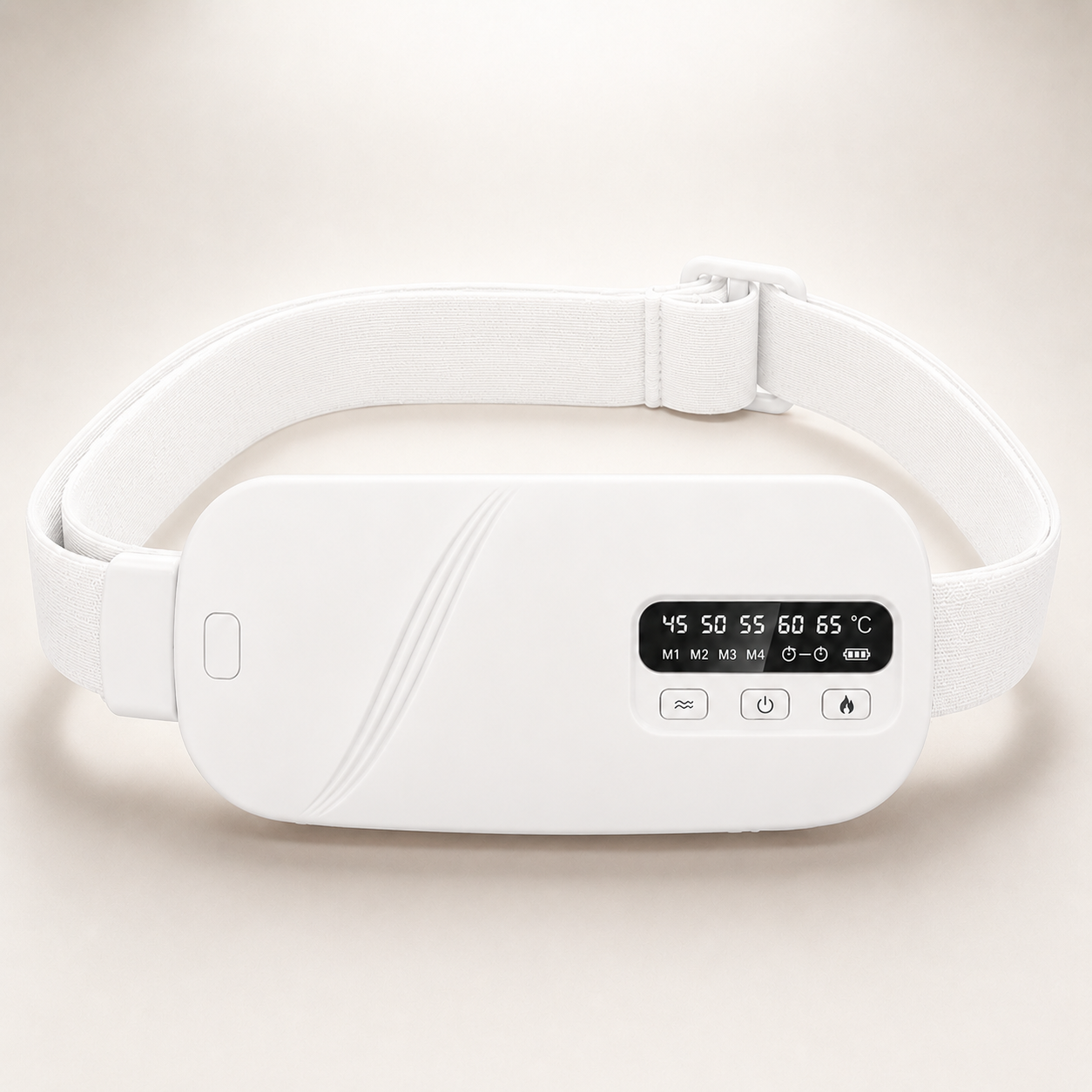White Premium wearable heat and massage belt with adjustable elastic strap for period pain relief
