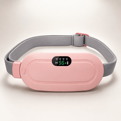 Premium wearable heat and massage belt for period pain relief with adjustable pink elastic strap