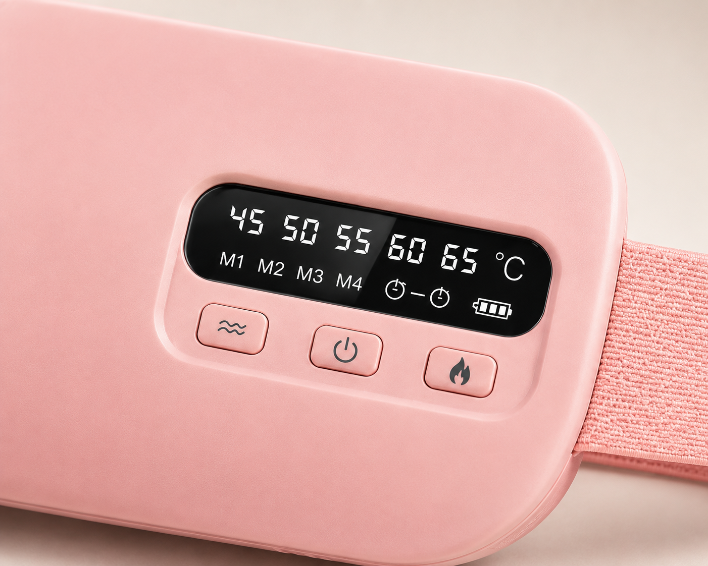 Close-up of the Premium heat and massage belt LED display showing five adjustable heat levels, four massage modes and timer controls